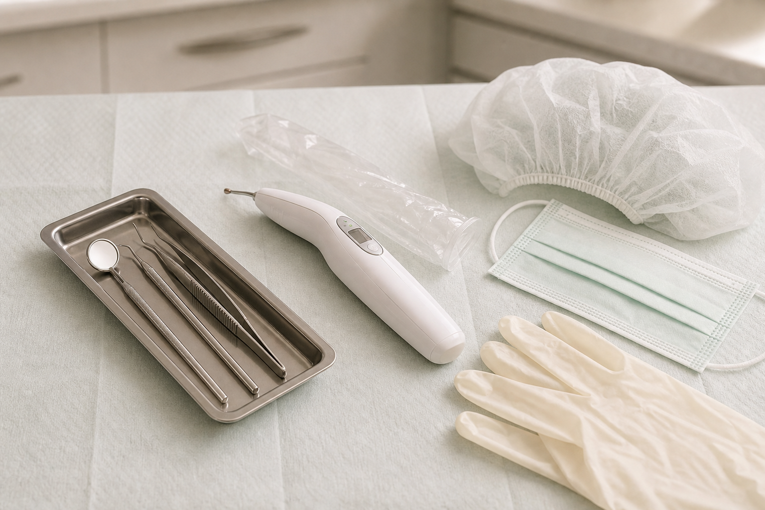 Bandeja clínica odontológica com instrumentos, laser e materiais de proteção